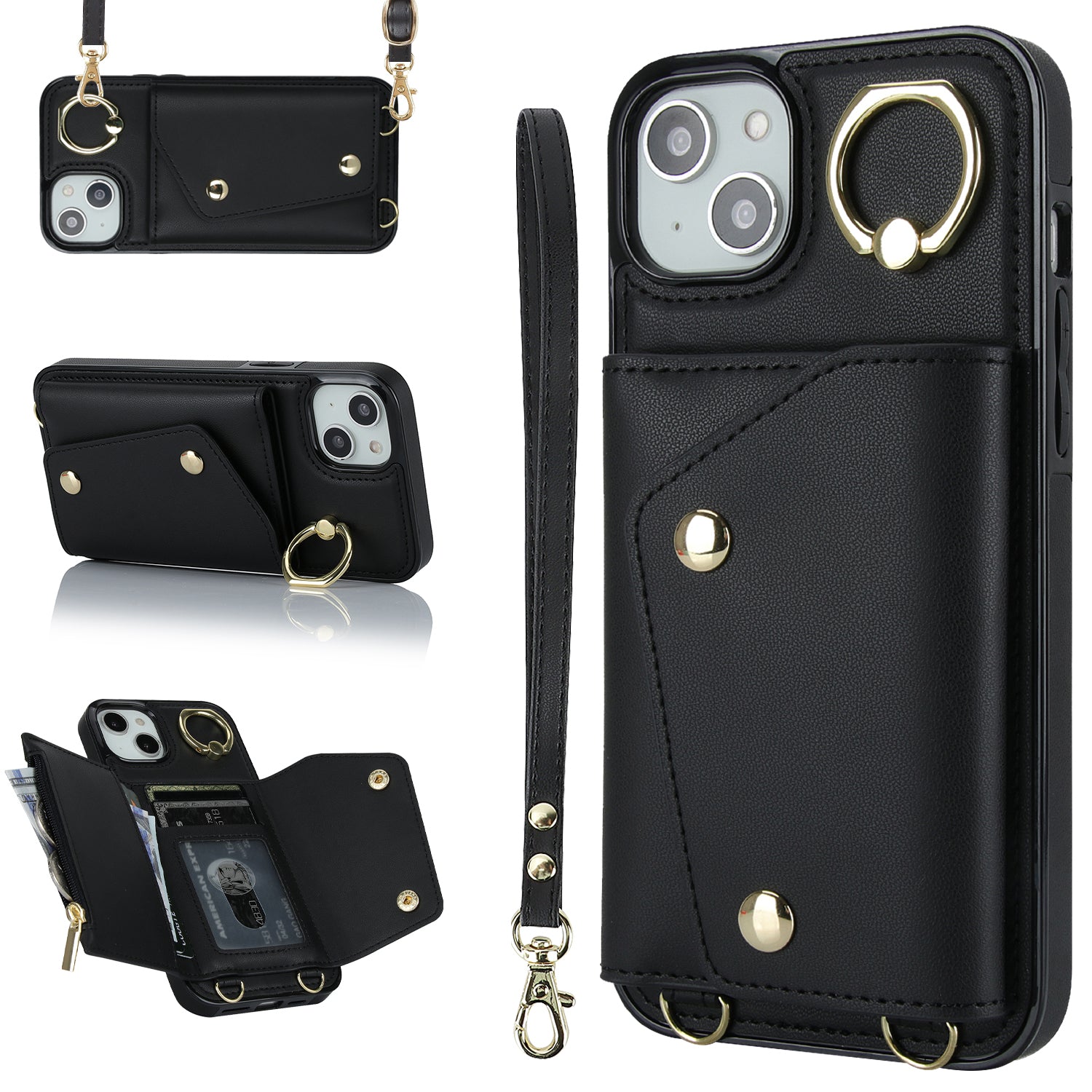 Ring Kickstand Case for iPhone 14 Plus Zipper Wallet PU Leather Coated TPU Mobile Phone Cover Ring Kickstand Case for iPhone 14 Plus Zipper Wallet PU Leather Coated TPU Mobile Phone Cover